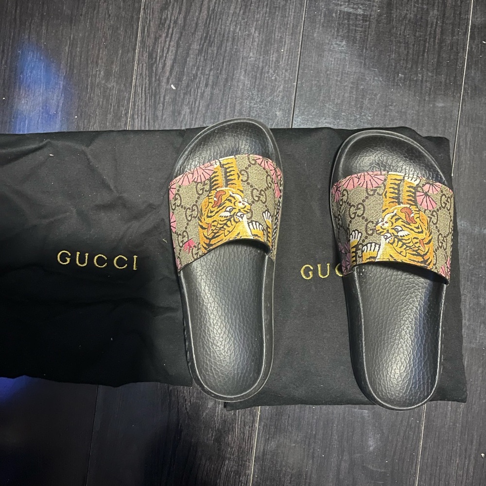 Gucci Black Slides with Beige Monogram and Yellow Tiger Detail